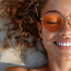 Frau mit sonnengeküsster Haut und orangener Brille liegt im Sand. Die Wirkung von blauem Licht auf die Haut ist hier nicht sichtbar, aber die Freude ist es.