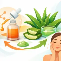 Aloe Vera Öl für das Gesicht: Frische Aloe Vera, ein Tropfen Öl und eine Frau genießen reine Hautpflege.
