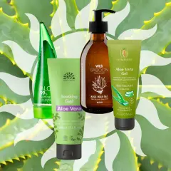 Vier Produkte mit Aloe Vera Gel Naturkosmetik, umhüllt von Aloe-Vera-Blättern.