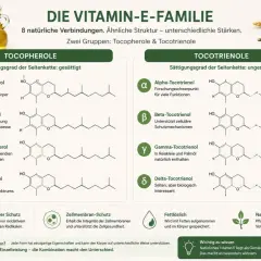 Die Vitamin-E-Familie: Alpha-Tocopherol, die aktivste Form im Körper, und andere Tocopherole/Tocotrienole mit ihren chemischen Strukturen und Funktionen.