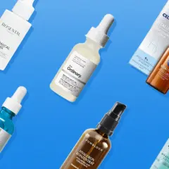 Verschiedene Seren mit Hyaluronsäure von Marken wie The Ordinary, Nivea und La Roche-Posay für straffe Haut.