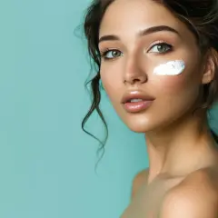 Frau mit Creme auf der Wange, die auf die Vorteile von Bakuchiol hinweist, ohne bekannte Nebenwirkungen.