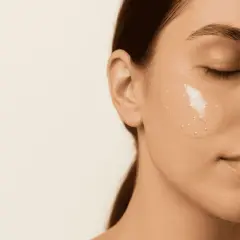 Nahaufnahme einer Frau mit geschlossenen Augen, auf deren Wange ein Gel mit kleinen Bläschen aufgetragen ist. Mögliche glycerin nebenwirkungen sind hier kein Thema.