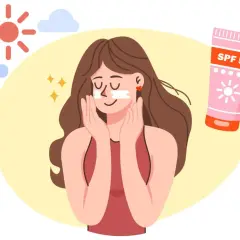Frau trägt Sonnencreme auf, um ihre Haut vor der Sonne zu schützen und Vitamin D zu tanken. Sonnenschein und Wolken im Hintergrund.