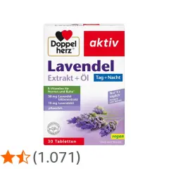 Packung Doppelherz Lavendel Extrakt + Öl. B-Vitamine für Nerven und Ruhe. Informationen zu lavendel nebenwirkungen sind auf der Rückseite.