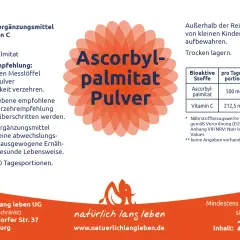 Ascorbylpalmitat Pulver: 500 mg pro Portion. Die Ascorbylpalmitat Wirkung wird hier als Vitamin C-Quelle hervorgehoben. Enthält 400 Tagesportionen.