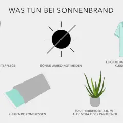 Tipps bei Sonnenbrand: Sonne meiden, leichte Kleidung, kühle Kompressen und Hautpflege mit Aloe Vera oder Panthenol.