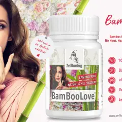 Frau mit vollem Haar und schöner Haut neben einer Dose "BamBooLove". Die positive bambus extrakt wirkung für Haut, Haare und Nägel wird hervorgehoben.
