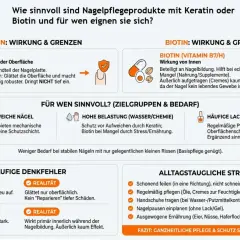 Keratin glättet Nägel oberflächlich. Für splitternde Nägel bietet die Keratin-Wirkung Schutz. Biotin wirkt innerlich.
