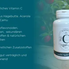 Flasche mit 100% natürlichem Vitamin C aus Acerola, Hagebutte & Camu Camu. Reich an Antioxidantien, magenschonend.