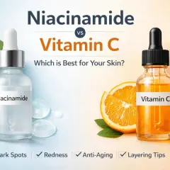 Niacinamide vs. Vitamin C: Welches ist besser für Ihre Haut? Seren mit Niacinamide und Vitamin C, Orangen und Blätter.