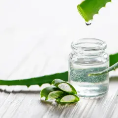 Aloe Vera Gel in einem Glasfläschchen, daneben aufgeschnittene Aloe Vera Blätter. Tropfen von Aloe Vera fallen auf das Gel, ideal für offene Wunden.
