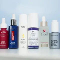 Eine Auswahl von guten Retinol Seren und Nachtseren, darunter Marken wie L'Oréal, Kiehl's und Neutrogena, für eine jugendliche Haut.