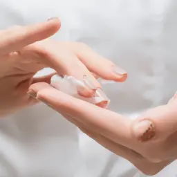 Zarte Hände mit cremiger Textur, die auf die Haut aufgetragen wird. Die Formel enthält Tetrasodium EDTA für Geschmeidigkeit.