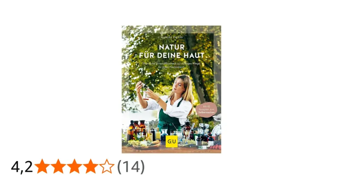 Buchcover "Natur für deine Haut" mit Frau, die Wirkstoffkosmetik herstellt. Enthält 42 Rezepte zum Selbermachen.