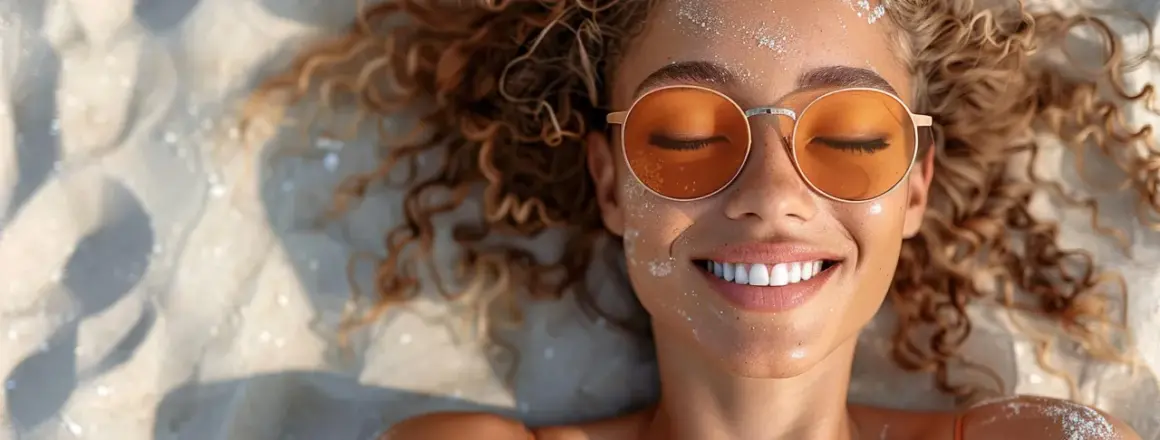Frau mit sonnengeküsster Haut und orangener Brille liegt im Sand. Die Wirkung von blauem Licht auf die Haut ist hier nicht sichtbar, aber die Freude ist es.