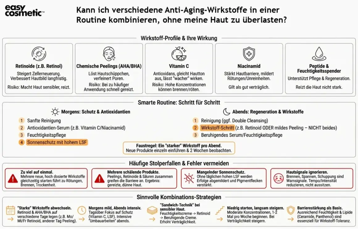 Kombiniere Ceramid und Vitamin C für eine starke Hautbarriere und strahlenden Teint. Morgens Vitamin C, abends Retinol.