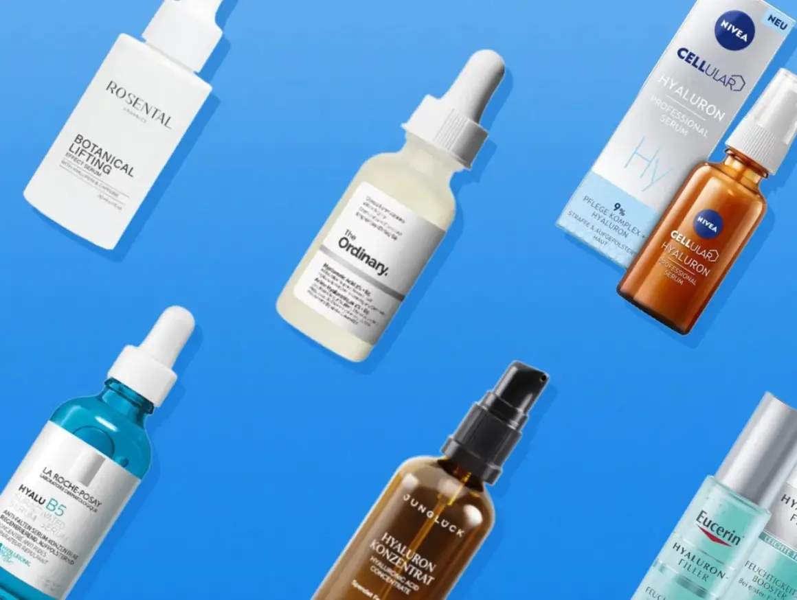 Verschiedene Seren mit Hyaluronsäure von Marken wie The Ordinary, Nivea und La Roche-Posay für straffe Haut.