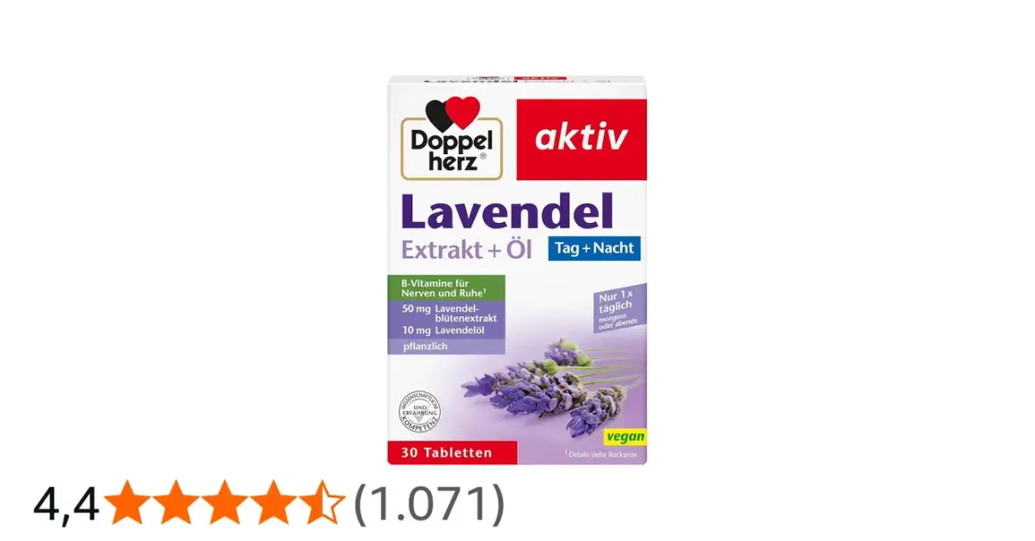 Packung Doppelherz Lavendel Extrakt + Öl. B-Vitamine für Nerven und Ruhe. Informationen zu lavendel nebenwirkungen sind auf der Rückseite.