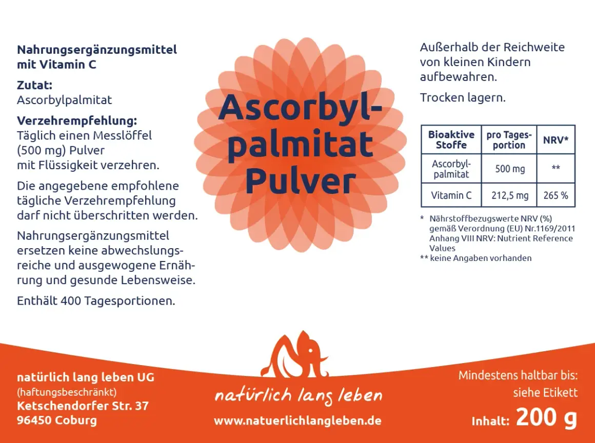 Ascorbylpalmitat Pulver: 500 mg pro Portion. Die Ascorbylpalmitat Wirkung wird hier als Vitamin C-Quelle hervorgehoben. Enthält 400 Tagesportionen.