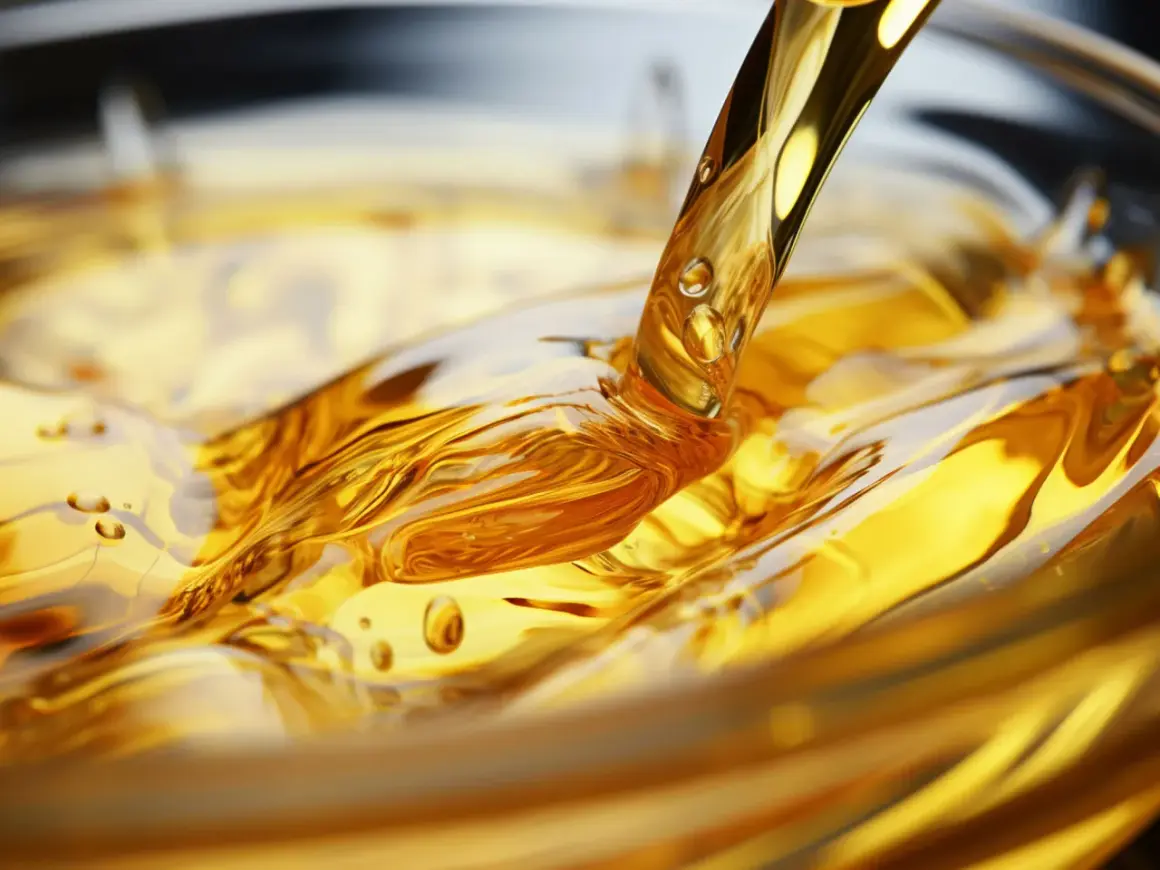 Goldener olus oil fließt in eine Schüssel und erzeugt faszinierende Wellen und Blasen.