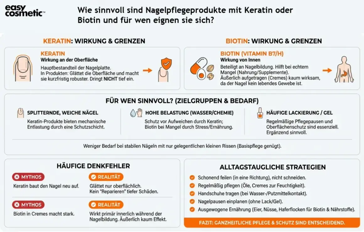 Keratin glättet Nägel oberflächlich. Für splitternde Nägel bietet die Keratin-Wirkung Schutz. Biotin wirkt innerlich.