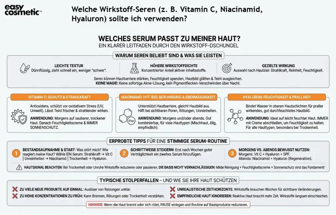 Vitamin C und Hyaluron kombinieren für strahlende Haut. Das Infografik zeigt, wie Seren wirken und welche Inhaltsstoffe für welchen Hauttyp geeignet sind.