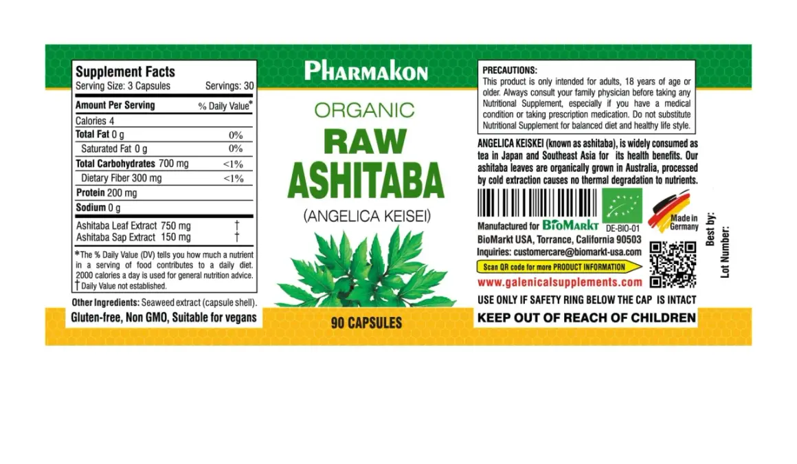 Ashitaba-Kapseln mit Angélica Keisei. Die Ashitaba-Wirkung wird in Japan und Südostasien für ihre gesundheitlichen Vorteile geschätzt. 90 Kapseln.