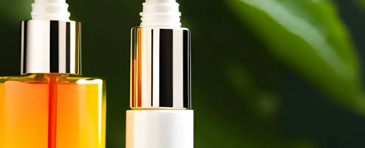 Zwei luxuriöse Flaschen mit Seren, die Glykolsäure und Retinol enthalten, vor einem grünen Blatt.