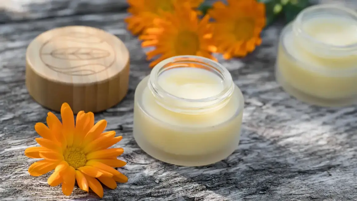 Ringelblume-Salbe in Gläschen, umgeben von Blüten. Die Ringelblume wirkt beruhigend auf die Haut.