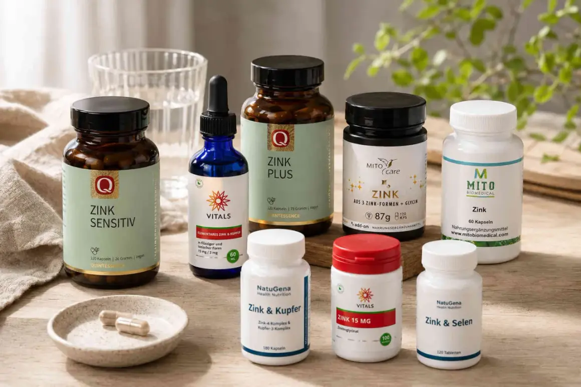 Verschiedene Zinkpräparate, darunter Zinkpicolinat, zur Unterstützung der Gesundheit.