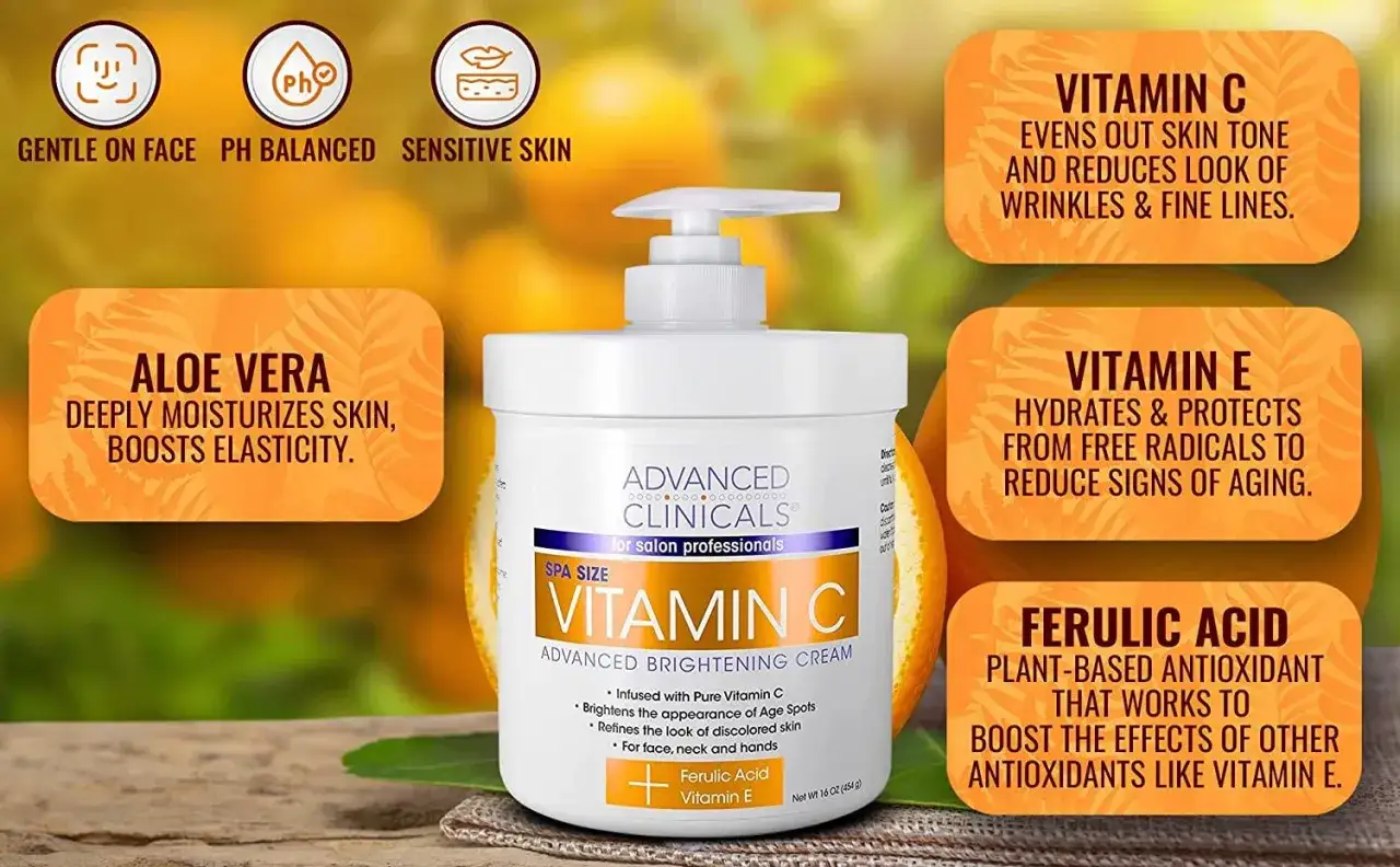 Creme mit Vitamin C, Aloe Vera und Vitamin E. Der pH-Wert ist ausgewogen für empfindliche Haut.