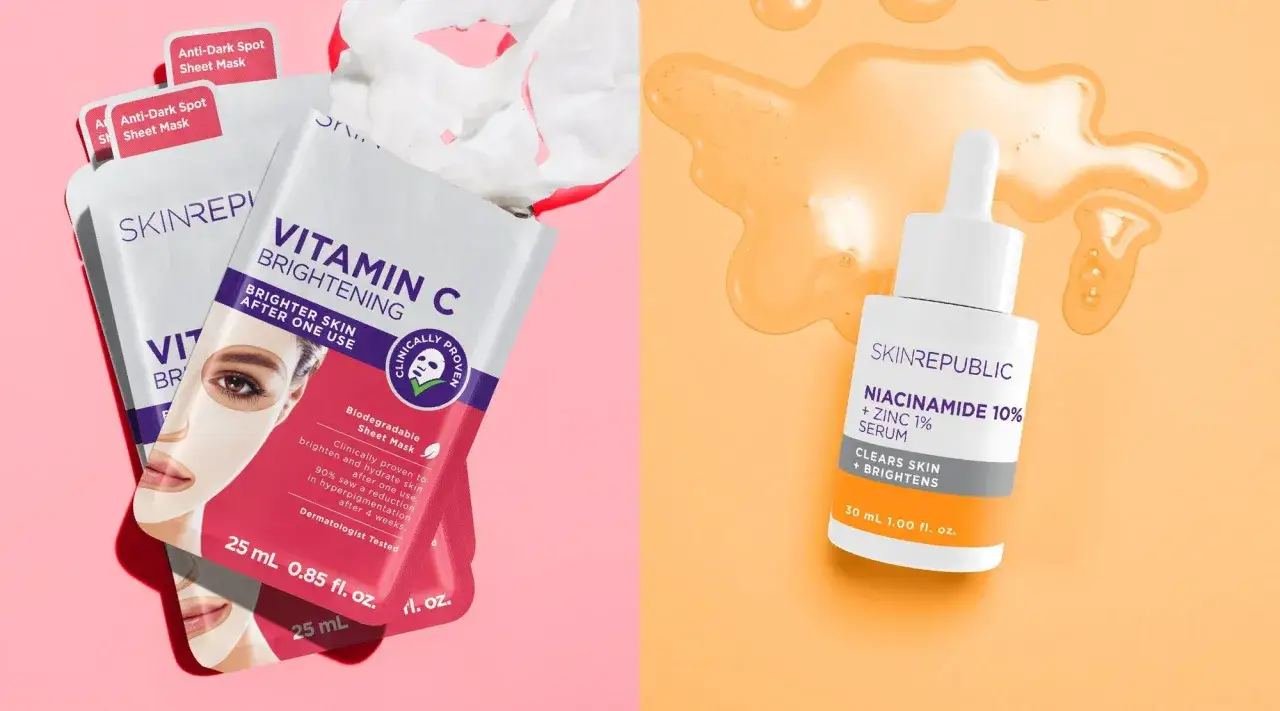Gesichtsmasken mit Vitamin C und ein Serum mit Niacinamid und Zink für strahlende Haut.