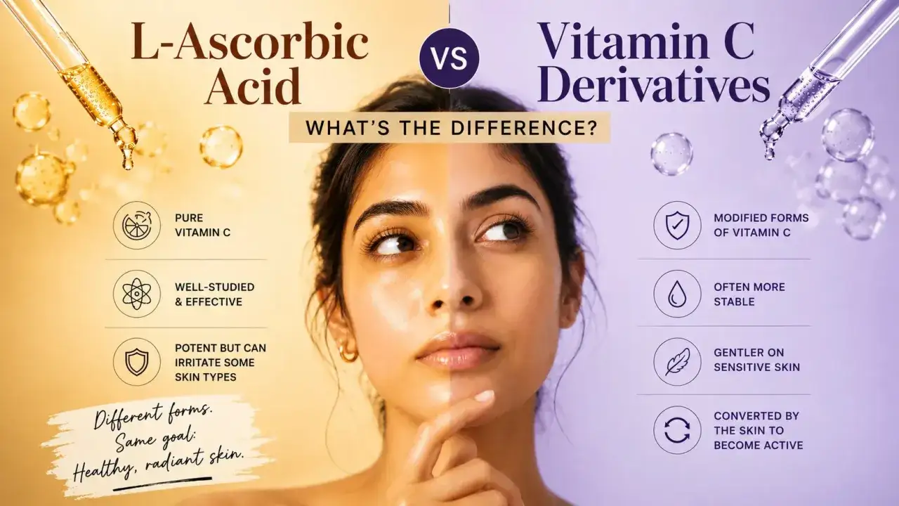 Vergleich von L-Ascorbinsäure und Vitamin C Derivaten für gesunde Haut. Vitamin C Derivate sind oft stabiler und sanfter.