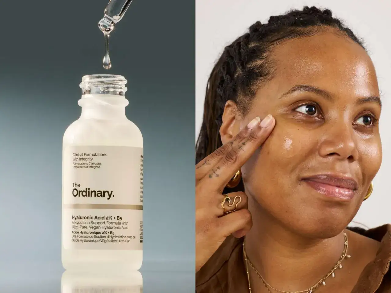 Hyaluronsäure Serum von The Ordinary wird auf die Haut aufgetragen. Manche befürchten, dass Hyaluronsäure Poren verstopft, doch dieses Serum spendet Feuchtigkeit.