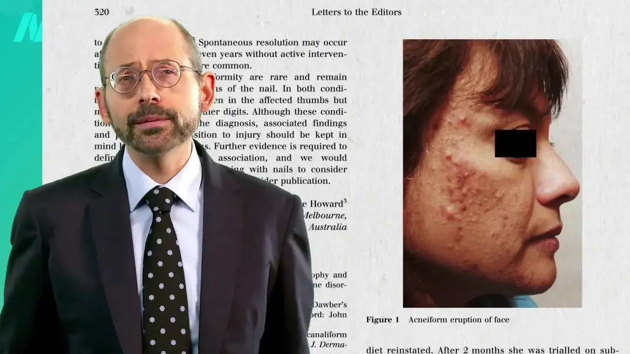 Mann mit Brille spricht über Hautprobleme. Rechts eine Frau mit Akne, die auf einen Mangel an Vitamin B12 hinweisen könnte.