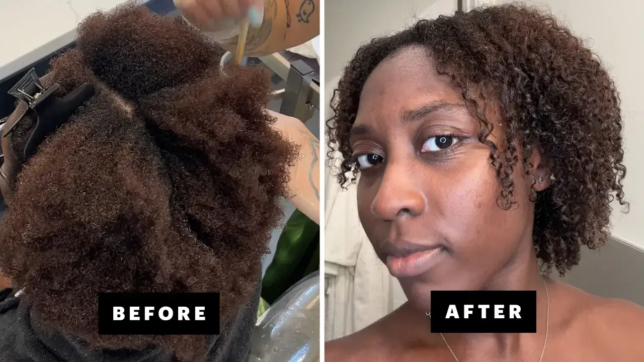 Vorher/Nachher-Vergleich von lockigem Haar, das mit Keratin behandelt wird. Die Keratin-Wirkung glättet und definiert die Locken.