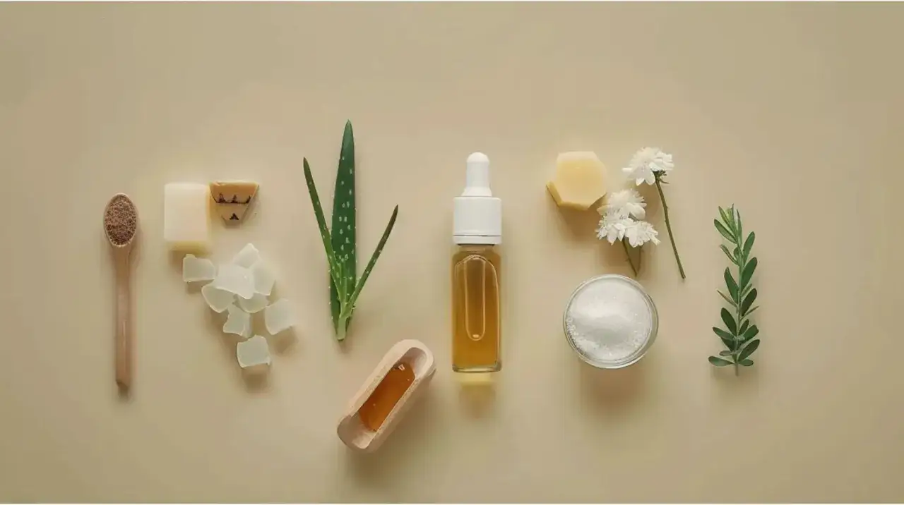 Natürliche Zutaten für Hautpflege: Aloe Vera, Honig, Kräuter und ein Serum mit pflanzlichem Retinol.