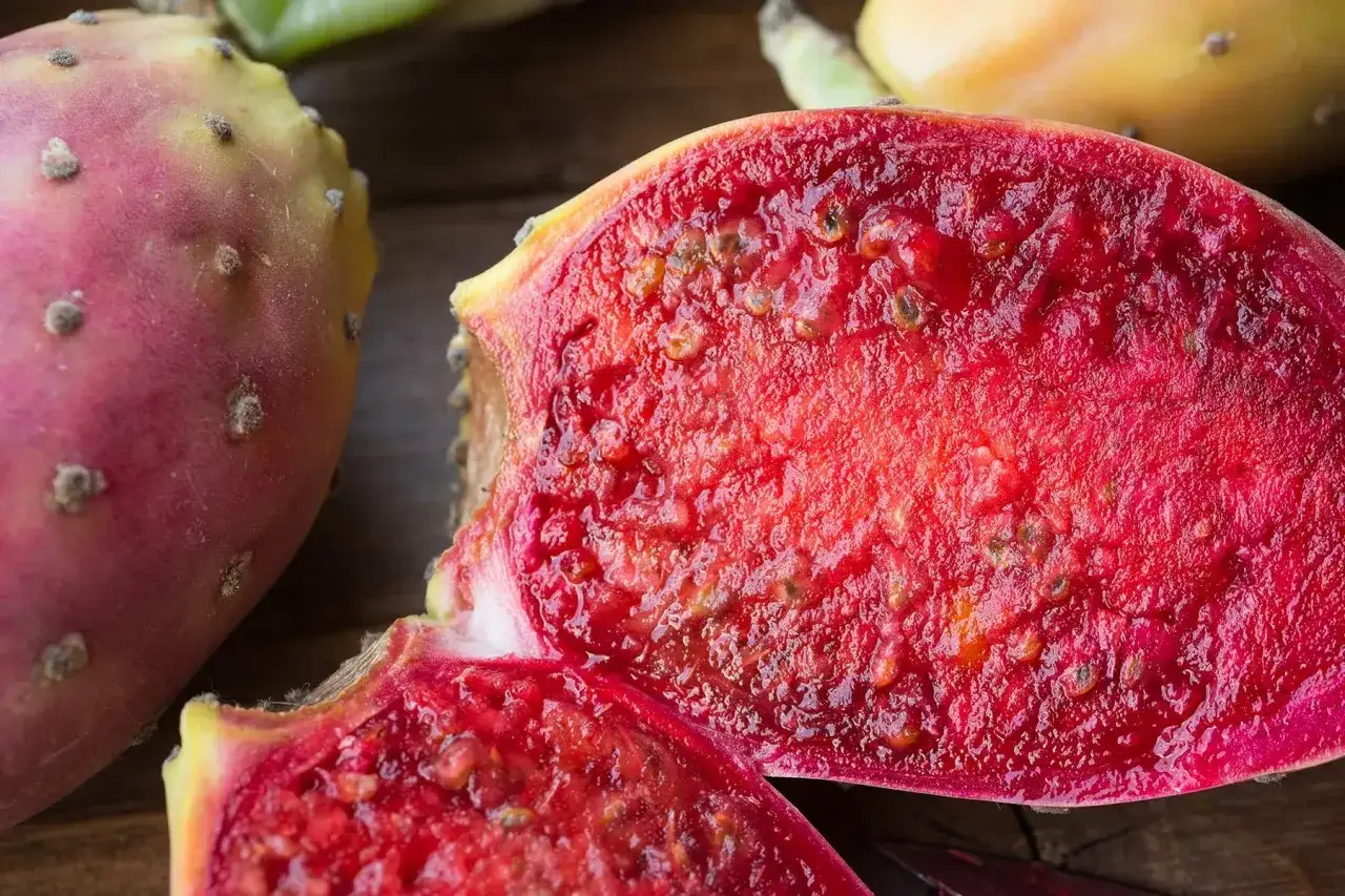 Saftige Kaktusfeige, aufgeschnitten, zeigt ihr leuchtend rotes Fruchtfleisch. Die Kaktusfeige Wirkung ist bekannt für ihre Vitamine und Ballaststoffe.