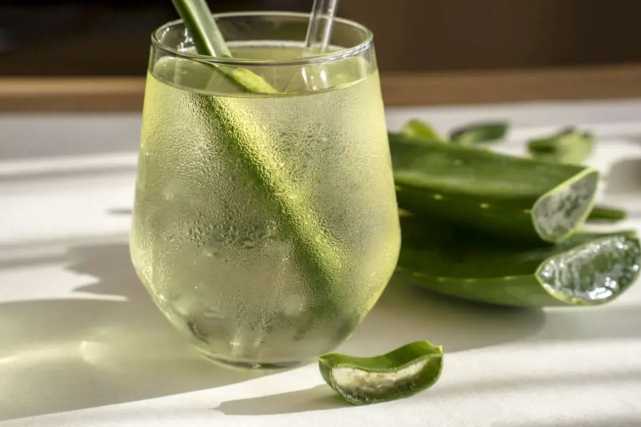 Erfrischendes Aloe Vera Trinkgel mit Eis und frischen Aloe-Scheiben. Die Wirkung von Aloe Vera Trinkgel ist bekannt für seine wohltuenden Eigenschaften.