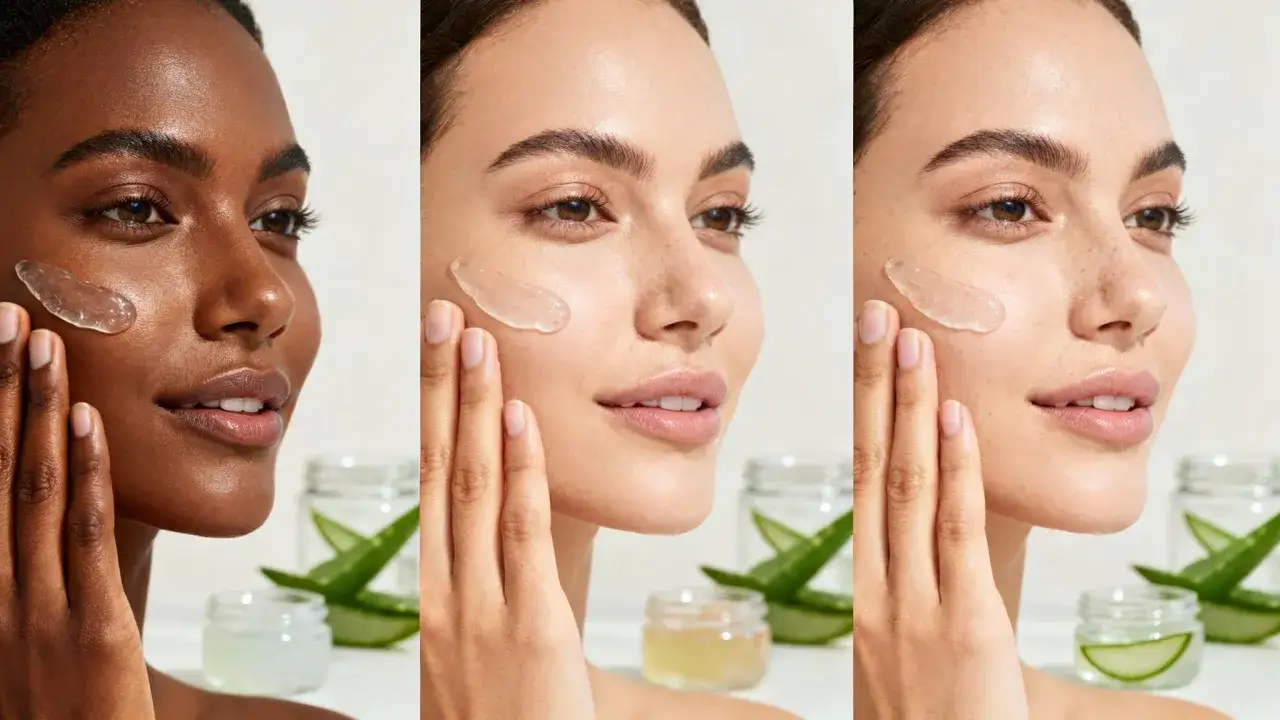 Drei Frauen tragen Aloe Vera Gel auf ihr Gesicht auf. Das Gel spendet Feuchtigkeit und beruhigt, sodass sich die Haut nicht mehr spannt.
