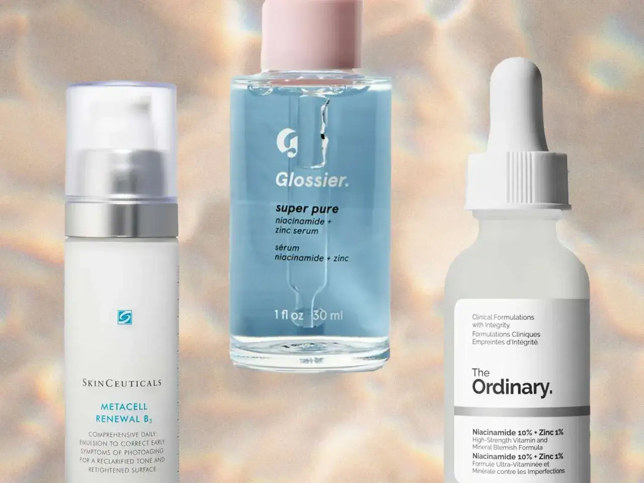 Hautpflegeprodukte mit Niacinamid: Skinceuticals, Glossier und The Ordinary. Eine Typologie von Niacinamid-Seren.