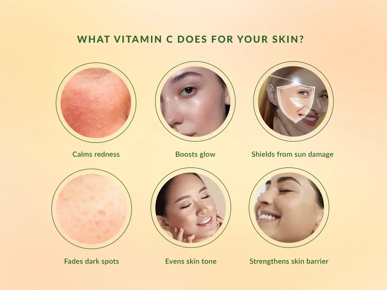Sechs Kreise zeigen, was Vitamin C für die Haut tut: Rötungen lindern, Glanz verstärken, vor Sonnenschäden schützen, Pigmentflecken mindern, den Hautton ausgleichen und die Hautbarriere stärken.