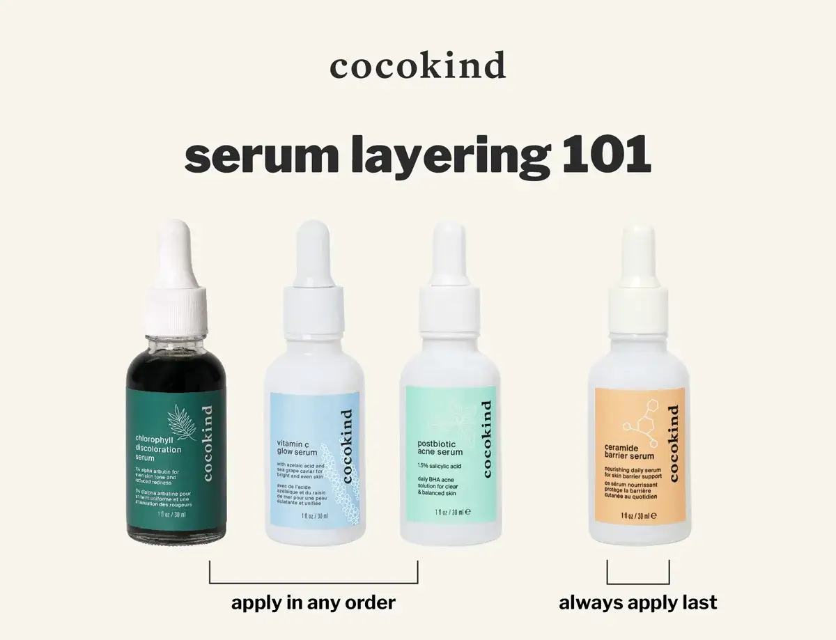 Vier Cocokind Seren: Chlorophyll, Vitamin C, Postbiotic und Ceramide. Lerne, wie du Ceramide und Vitamin C kombinieren kannst für strahlende Haut.