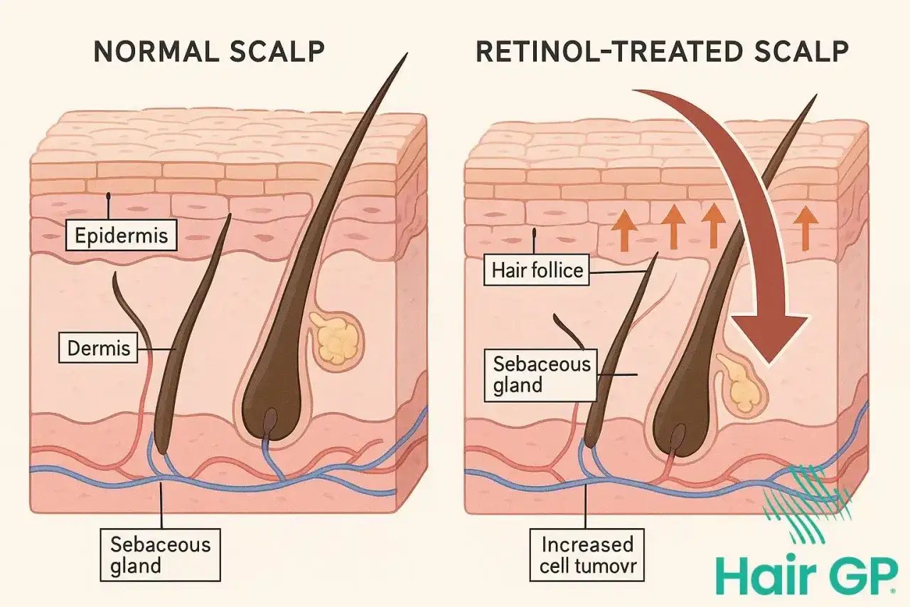 Vergleich: Normale Kopfhaut vs. mit Retinol behandelte Kopfhaut. Retinol fördert das Haarwachstum und die Zellregeneration.