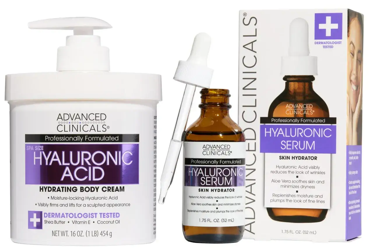 Advanced Clinicals Hyaluronsäure Körpercreme und Serum für jugendliche Haut.